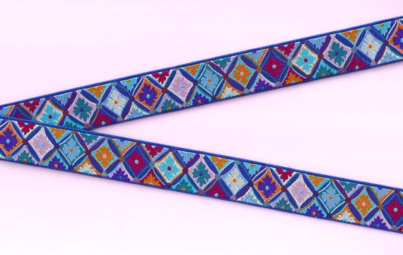FLORAL E-07-B Jacquard Ribbon Poly Trim 7/8" wide (22mm) "Blue Antwerp" Renaissance Ribbons Kaffe Fassett Bright Floral in Diamond Design
