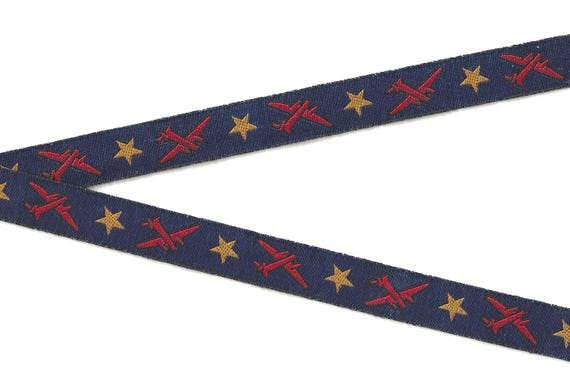 NOVELTY C-01-C Jacquard Ribbon Poly Trim 5/8" wide (16mm) "Distressed" Dark Navy w/Red Airplanes, Yellow Star Accents, "Shabby Chic"