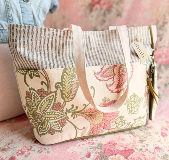 ATENTI "ROSALIE" Floral in Cream/Green/Dusty Pink, Large Project Tote Bag, Handmade USA