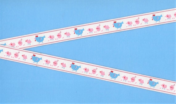 ANIMALS/Farm C-05-B Jacquard Ribbon Polyester Trim 5/8" Wide (16mm) EUROPEAN, White Background Blue Hens, Pink Baby Chicks & Eggs