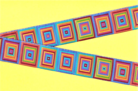 GEOMETRIC H-03-A Jacquard Ribbon Poly Trim 1-1/2" wide (38mm) Orange, Yellow, Red, Blue, Green, Pink, Turquoise, Lilac Squares, Per Yard