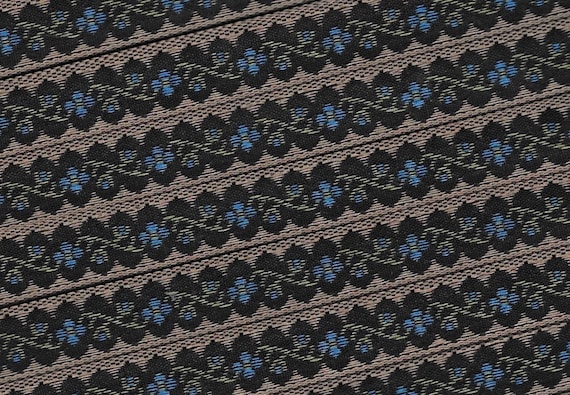 FLORAL B-07-A Jacquard Ribbon Poly Trim 9/16" wide Black w/Petite Blue Flowers, Brown Scalloped Borders, Olive Vines