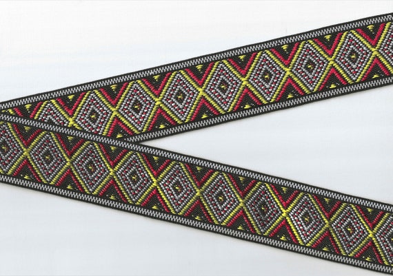 NATIVE AMERICAN J-04-A Jacquard Ribbon Poly Trim 1-7/8" Wide (48mm) Black w/Red, Yellow & White Diamond Southwest Design