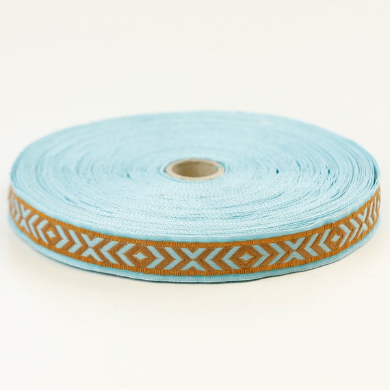 KAFKA D-11/07 Jacquard Ribbon Woven Organic Cotton Trim 13/16" wide (21mm) Geometric Southwest Arrow Design in Lt Brown, Copper & Turquoise