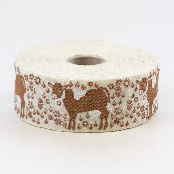 KAFKA G-17/04 Jacquard Ribbon Organic Cotton Trim 1-1/4" wide (32mm) Beige w/Brown & White Cows, White Horns, Brown/White Flowers