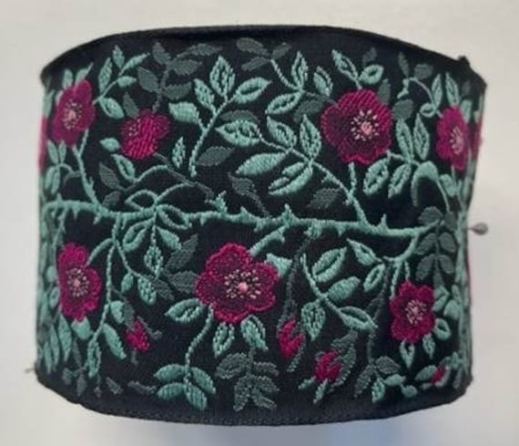 KAFKA L-01/49 Jacquard Ribbon Woven Organic Cotton Trim 2-3/8" wide (60mm) Black w/Plum Purple Wild Roses, 2-Tone Green Leaves