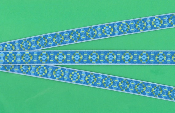 GEOMETRIC D-26-A Jacquard Ribbon Polyester Trim 3/4" wide (20mm) Blue Background w/Turquoise, Blue, Lime Green and Pale Blue Tones
