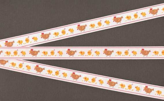 ANIMALS/Chickens C-01-A Jacquard Ribbon Poly Trim, 5/8" Wide (16mm) EUROPEAN, Off-Pink w/Brown Hen, Yellow Baby Chicks & Eggs, Per Yard