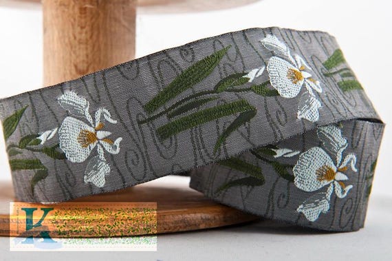 KAFKA H-10/03 Jacquard Ribbon Woven Organic Cotton Trim 1-5/8" wide (40mm) Medium Gray Background w/Pale Green Irises & Dark Green Leaves