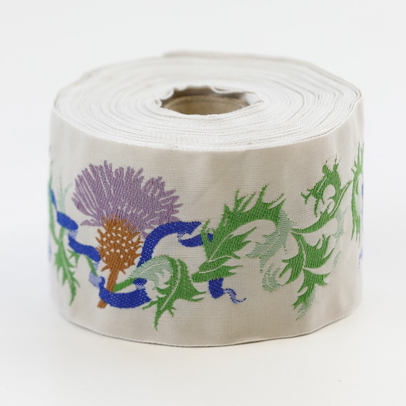 KAFKA K-01/03 Jacquard Ribbon Woven Organic Cotton Trim 2" wide (50mm) Beige w/Purple Thistles, Royal Blue Ribbons, Green Leaves