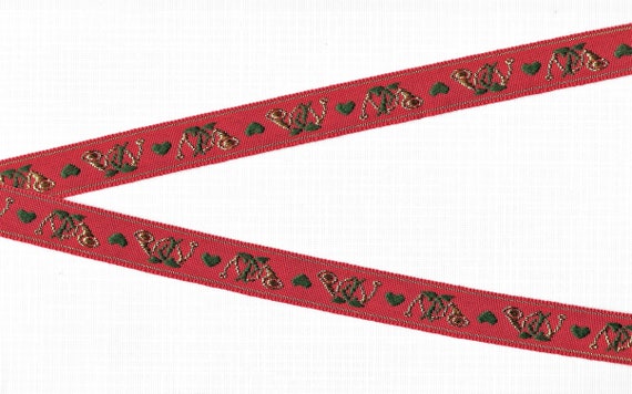 HOLIDAY C-12-B Jacquard Ribbon Poly Trim 5/8" Wide (16mm) VINTAGE Red w/Gold French Horns, Green Hearts Gold Metallic Accents, Per Yard
