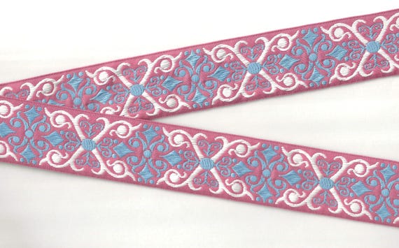 GEOMETRIC H-09-T Jacquard Ribbon Poly Trim 1-1/2" wide (38mm) Coral Pink w/Turquoise & White