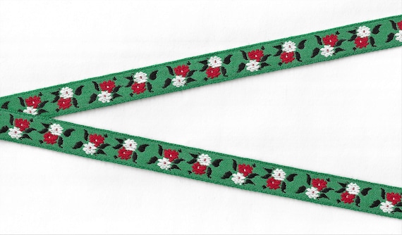 HOLIDAY C-06-A Jacquard Ribbon Cotton Trim 5/8" wide (16mm) VINTAGE Green Background w/Red & White Flowers, Black Accents