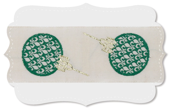 KAFKA G-15/16m Jacquard Ribbon Organic Cotton Trim 1-1/4" wide (32mm) Beige w/Green Christmas Tree Balls, Metallic Gold Accents