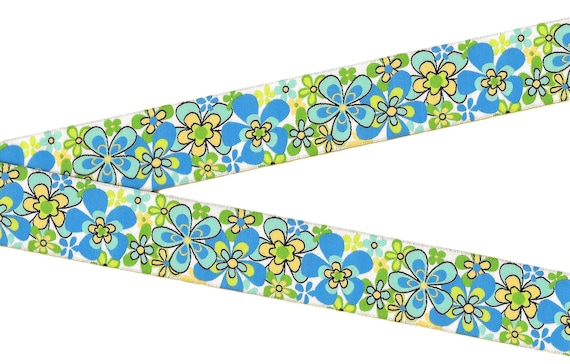 FLORAL G-DP-02y Jacquard Ribbon Poly Trim 1-1/8" wide (28mm) "Kate's Garden" Blue/Yellow/Green