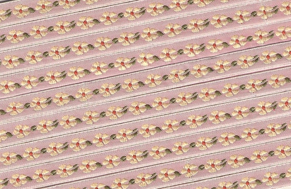 FLORAL A-22-C Jacquard Ribbon Poly Trim 3/8" wide (9mm) Made in France, Rose Pink Background w/Petite Pale Peach Daisies & Red Accents