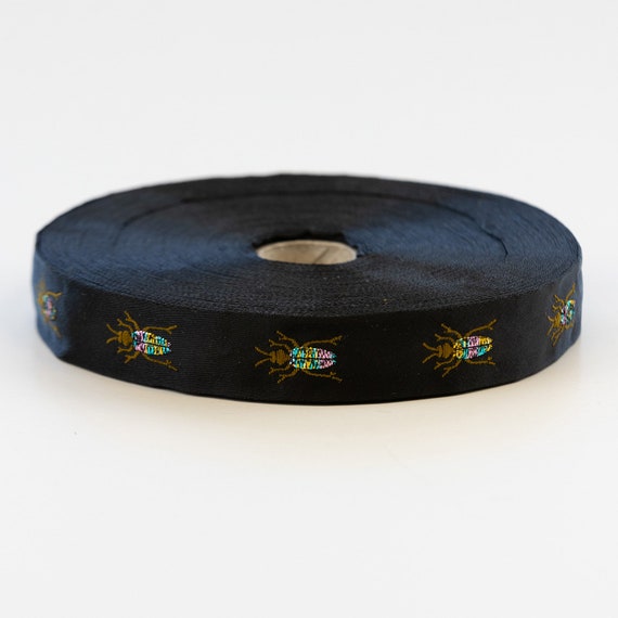 KAFKA D-01/07 Jacquard Ribbon Satin/Lurex Trim 3/4" wide (20mm) From Germany, Black w/Olive Brown Metallic Iridescent Beetles, Per Yard