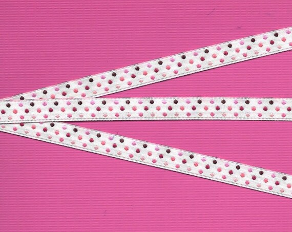 POLKA DOTS A-02-A Jacquard Ribbon Poly Trim, 3/8" Wide (9mm) White Background w/Pinks, Peach, Red & Brown Mini Polka Dots