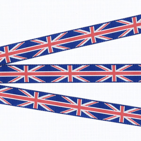 NOVELTY/Flags C-02-B Jacquard Ribbon Poly Trim 5/8" Wide (16mm) UK National Flag, Union Jack Blue w/Red Cross on White