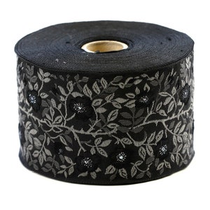 KAFKA L-01 / 26 Jacquard Band gewebt Bio-Baumwolle Trim 2-3 / 8 &quot;breit (60 mm) Schwarz mit schwarzen und grauen metallischen Hundsrosen, 2-Ton graue Blätter