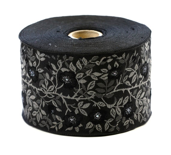 KAFKA L-01/26 Jacquard Ribbon Woven Organic Cotton Trim 2-3/8" wide (60mm) Black w/Black Iridescent Wild Roses, 2-Tone Gray Leaves