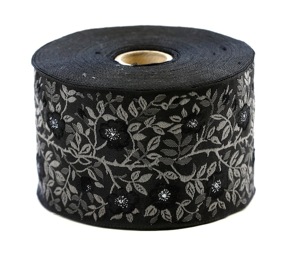 KAFKA L-01/26 Jacquard Ribbon Woven Organic Cotton Trim 2-3/8" wide (60mm) Black w/Black & Gray Metallic Dog Roses, 2-Tone Gray Leaves