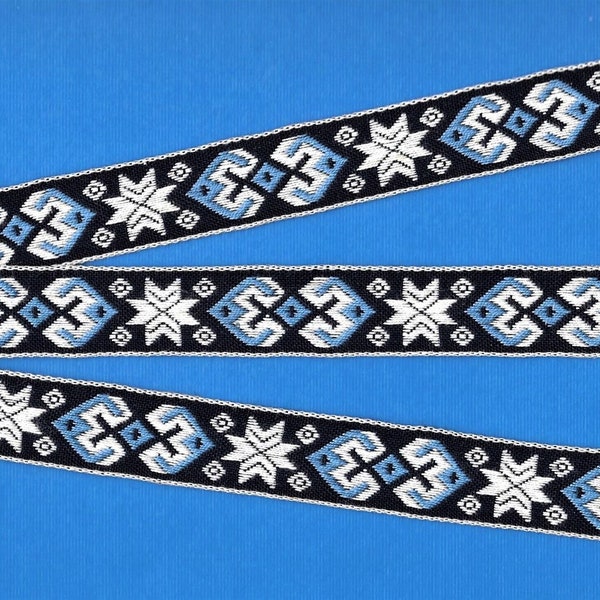 SNOWFLAKES D-19-B Jacquard Ribbon Woven Cotton Trim 3/4" Wide (20mm) VINTAGE European Nordic, Navy w/White Snowflakes Blue Accents, Per Yard