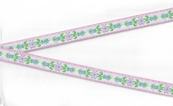 FLORAL C-03-A Jacquard Ribbon Cotton Trim 5/8" wide (16mm) White Linen w/Pink Borders, Pink/Blue Flowers