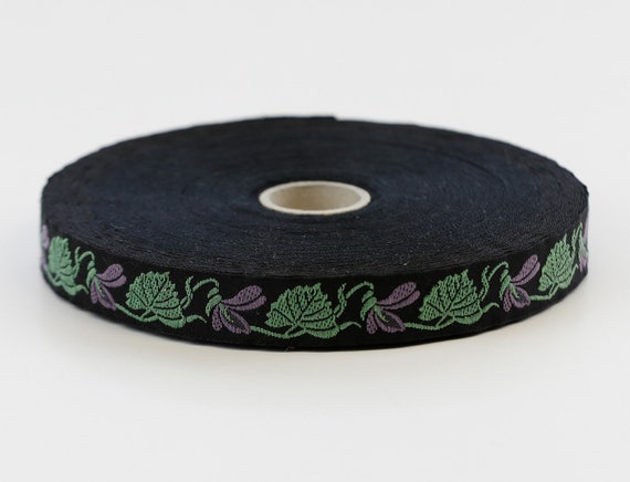 KAFKA C-01/07 Jacquard Ribbon Woven Organic Cotton Trim 5/8" wide (16mm) Black Background w/Purple "Violets", Green Leaves