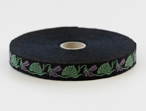 KAFKA C-01/07 Jacquard Ribbon Woven Organic Cotton Trim 5/8" wide (16mm) Black Background w/Purple "Violets", Green Leaves, Per Yard