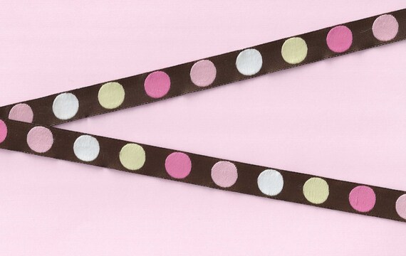 POLKA DOTS C-23-A Jacquard Ribbon Polyester Trim 5/8" wide (16mm) Brown Background w/White, Cream, Pale Pink & Rosy Pink Dots