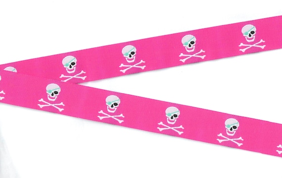 NOVELTY/Skulls F-01-A Jacquard Ribbon Poly Trim 1" wide (25mm) Pink w/White Skull & Crossbones