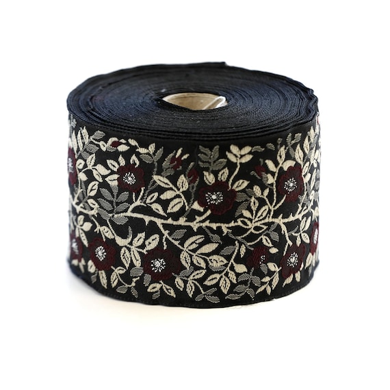 KAFKA L-01/40 Jacquard Ribbon Woven Organic Cotton Trim 2-3/8" wide (60mm) Black w/Dark Burgundy Dog Roses, Beige & Taupe Leaves
