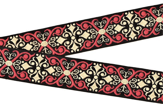 GEOMETRIC H-09-C Jacquard Ribbon Poly Trim 1-1/2" wide (38mm) Black w/Red & Tan