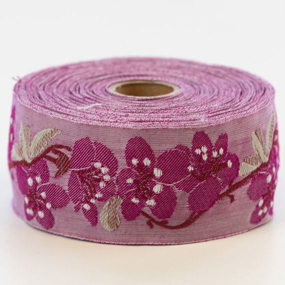 KAFKA H-06/08 Jacquard Ribbon Woven Organic Cotton Trim 1-5/8" wide (40mm) Dusty Rose Pink w/Dark Pink Cherry Blossoms, Lt Beige Leaves