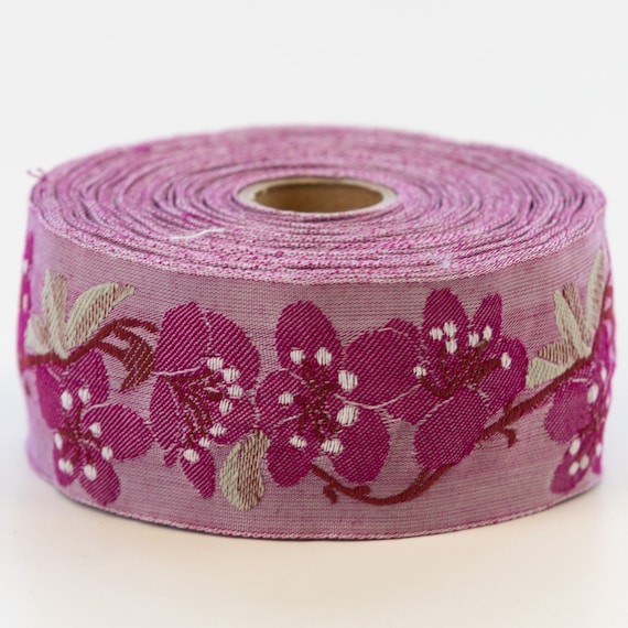 KAFKA H-06/08 Jacquard Ribbon Woven Organic Cotton Trim 1-5/8" wide (40mm) Rose Pink w/Dark Pink Cherry Blossoms, Lt Beige Leaves