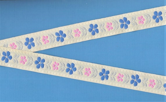 FLORAL F-19-E Jacquard Ribbon Trim, Cotton, 7/8" Wide, Cream Background, Pink & Sky Blue Flowers, Mint Green Leaves