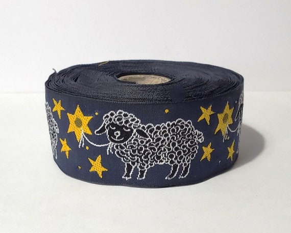 KAFKA G-12/07 Jacquard Ribbon Woven Organic Cotton Trim 1-1/4" wide (32mm) Navy Blue Background w/Smiling Black & White Sheep, Yellow Stars