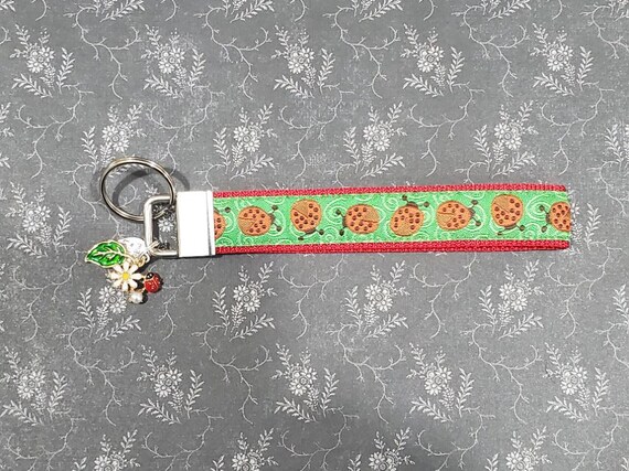 Jacquard Ribbon/Nylon Web 3/4" wide (20mm) Key Fobs, Red Ladybugs w/Charms, Keychain, Wristlet, Zipper Pulls, Luggage Tags 5.5" long