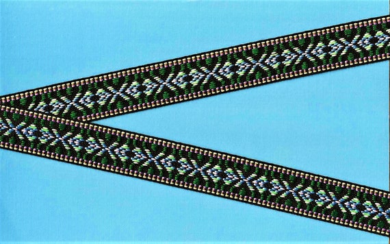 NATIVE AMERICAN F-04-A Jacquard Ribbon Poly Trim, 1" Wide (25mm) Black w/Green, Lt Blue, Pink & Mint Green Accents, Per Yard