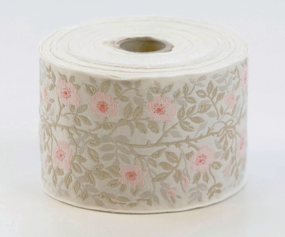 KAFKA L-01/70 Jacquard Ribbon Woven Organic Cotton Trim 2-3/8" wide (60mm) Ivory w/Pale Pink & Peach Dog Roses, 2-Tone Taupe Leaves