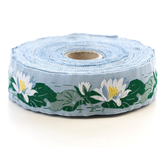 KAFKA F-04/02 Jacquard Ribbon Woven Organic Cotton Trim 1" wide (25mm) Blue Background w/White & Yellow Waterlilies, Green Leaves