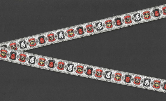 HALLOWEEN C-04-A Jacquard Ribbon Polyester Trim 5/8" wide (16mm) Ghosts, Cats & Pumpkins on Gray/Cream Background