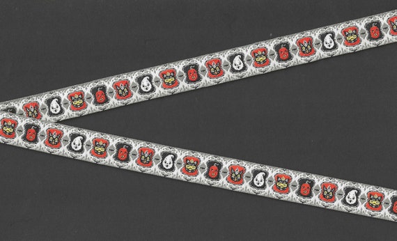 HALLOWEEN C-04-A Jacquard Ribbon Polyester Trim 5/8" wide (16mm) Ghosts, Cats & Pumpkins on Gray/Cream Background, Per Yard