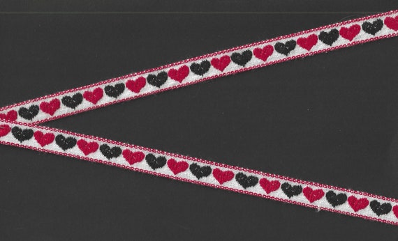 HEARTS/FLOWERS B-11-A Jacquard Ribbon Cotton Trim 9/16" Wide (14mm) VINTAGE Off-White Background w/Red & Black Hearts, Made in Austria