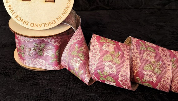 SILK FLORAL JACQUARD H-01-A Woven Ribbon 1-1/2" wide (40mm) From England, Floral in Shades of Dusty Rose Pink, Pattern from "Poldark" Series