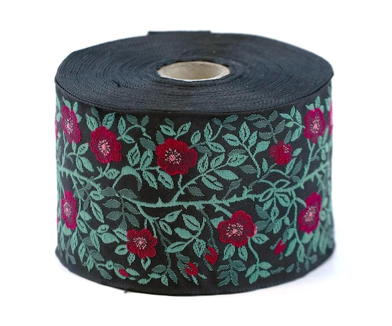 KAFKA L-01/49 Jacquard Ribbon Woven Organic Cotton Trim 2-3/8" wide (60mm) Black Background w/Magenta Purple Dog Roses, 2-Tone Green Leaves