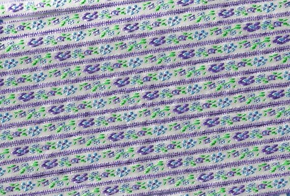 FLORAL A-14-E Jacquard Ribbon Poly Trim 5/16" wide, White Background w/Lilac Border, Lilac & Blue Flowers, Green Leaves