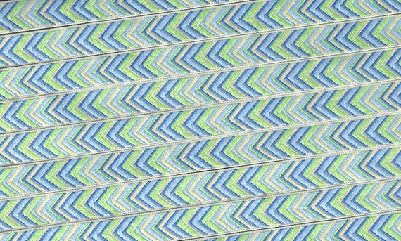 NATIVE AMERICAN  A-06-C Jacquard Ribbon Poly Trim 7/16" wide (12mm) Cream Background/Borders, Blue, Cream, Mint Green Chevron Arrows