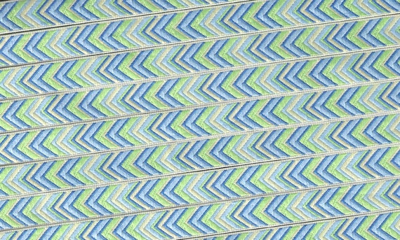 NATIVE AMERICAN  A-06-C Jacquard Ribbon Poly Trim 7/16" wide (12mm) Cream Background/Borders, Blue, Cream, Mint Green Chevron Arrows